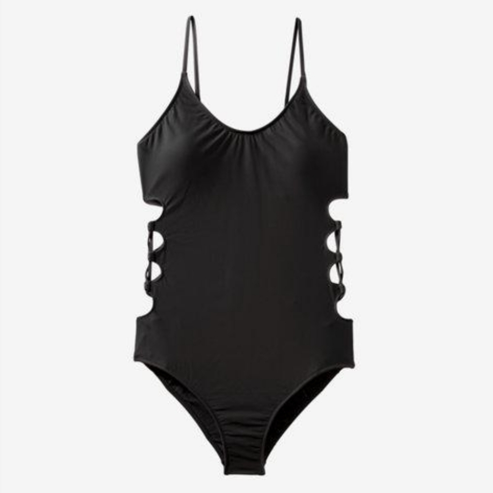 NEW Express Lace Up Side One Piece Swimsuit in Black
